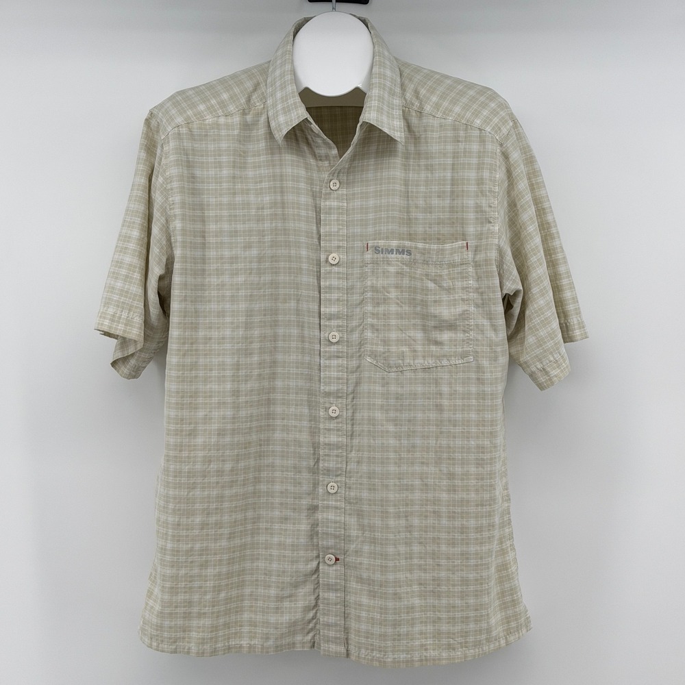 Simms Plaid Fishing Shirt Mens Large Short Sleeve Button Up Pocket Outdoor